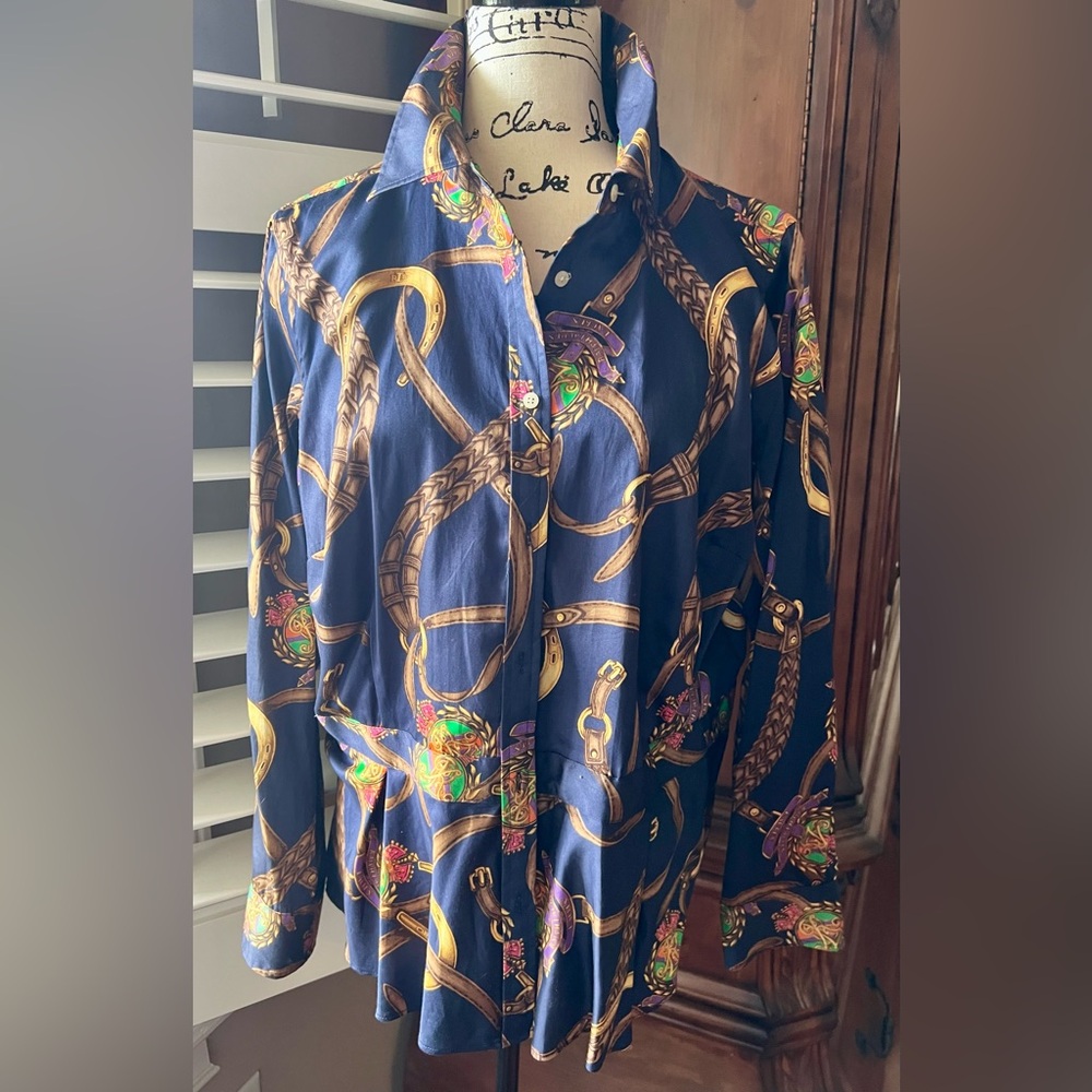 Ralph Lauren Navy Chain Print Blouse - Picture 2 of 7
